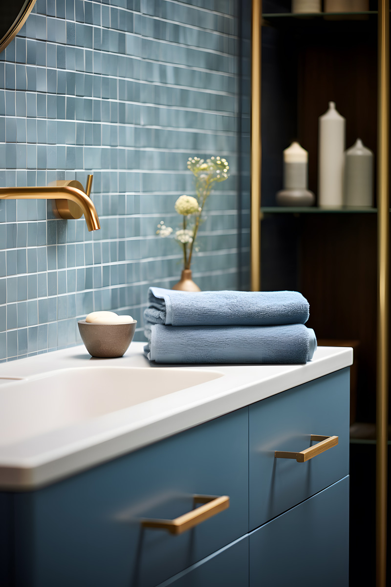 Blue\ bathroom\ vanity\ with\ brass\ fixtures\ and\ mosaic\ tile