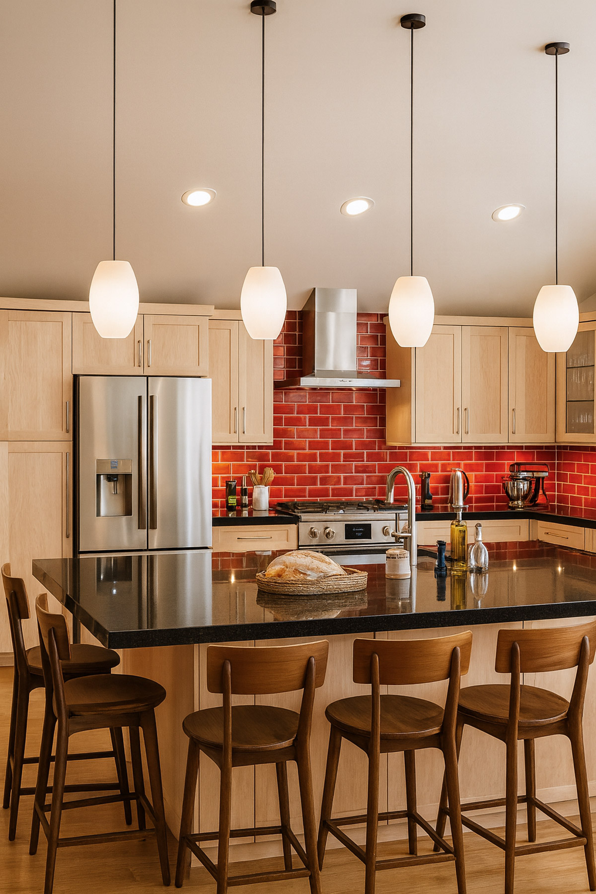 bold kitchen back splash with custom cabinets