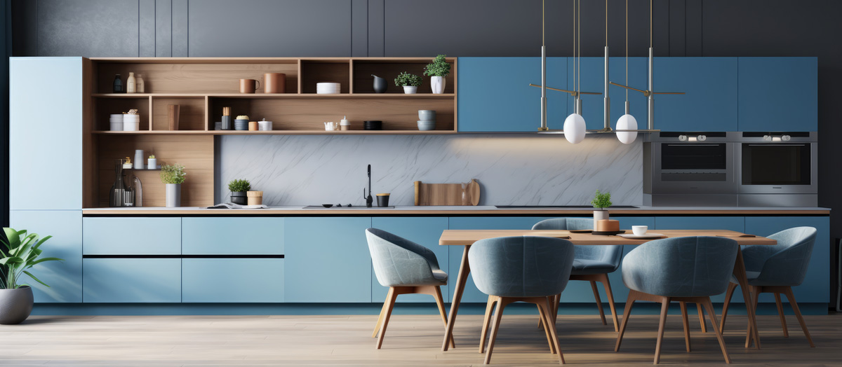 Sleek\ modern\ kitchen\ with\ blue\ cabinets\ and\ wood\ shelves